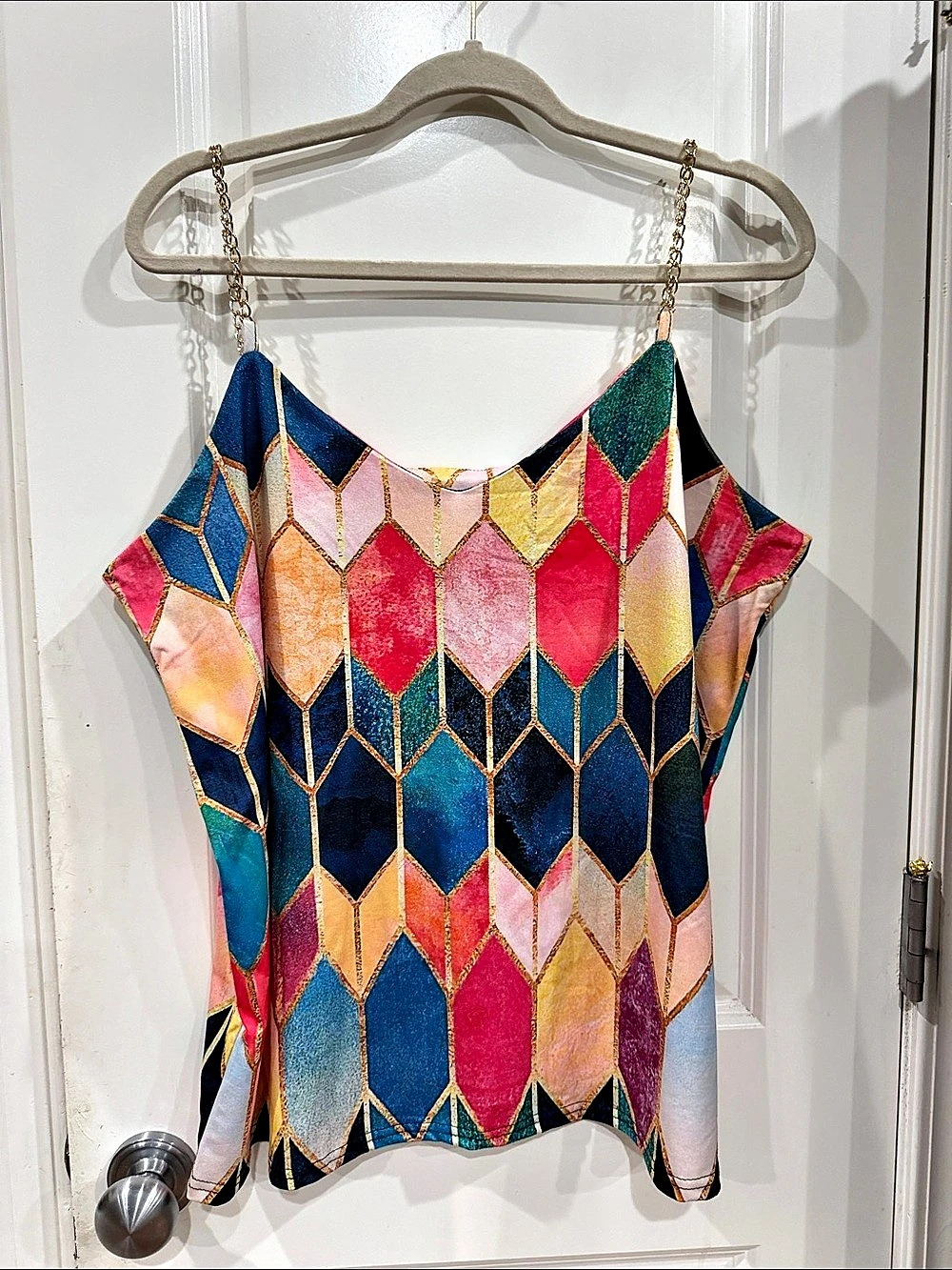 Geometric Chain-Strap Top in Pink & Blue Like New